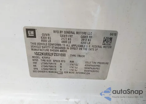 2015 Chevrolet Silverado 2500Hd Wt z USA, uszkodzony, nr VIN 1GC2KUEG2FZ531690